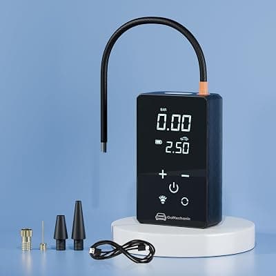 GoMechanic Wireless Tyre Inflator for Car &amp; Bike |150 PSI |3000 mAh Battery | Air Pump with Full LCD Touch Screen, Multiple Presets| PowerBank|Flash Light |Type C, Digital Display, Multiple Nozzles