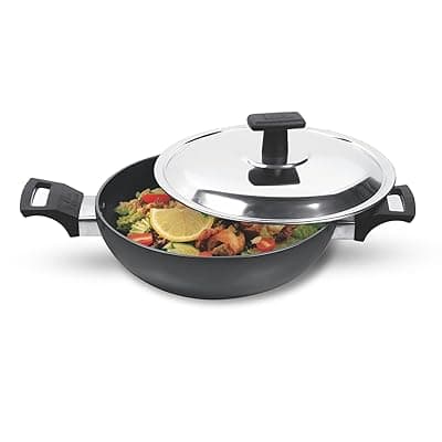 MILTON Pro cook Hard Anodized Non-Stick Kadhai with Stainless Steel Lid, 22cm / 2.1L, Metal Spoon Friendly, Aluminium Deep Kadai for Cooking, Induction &amp; Gas Stove Compatible, 3 Years Warranty