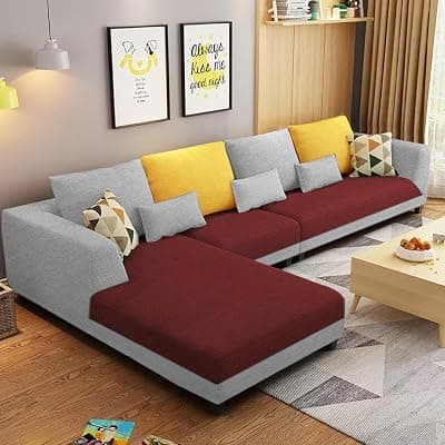 GRAPEWOOD Galib LHS 6 Seater L Shape Sofa Set for Living Room (Maroon Grey Fabric) Premium Fabric Sofa