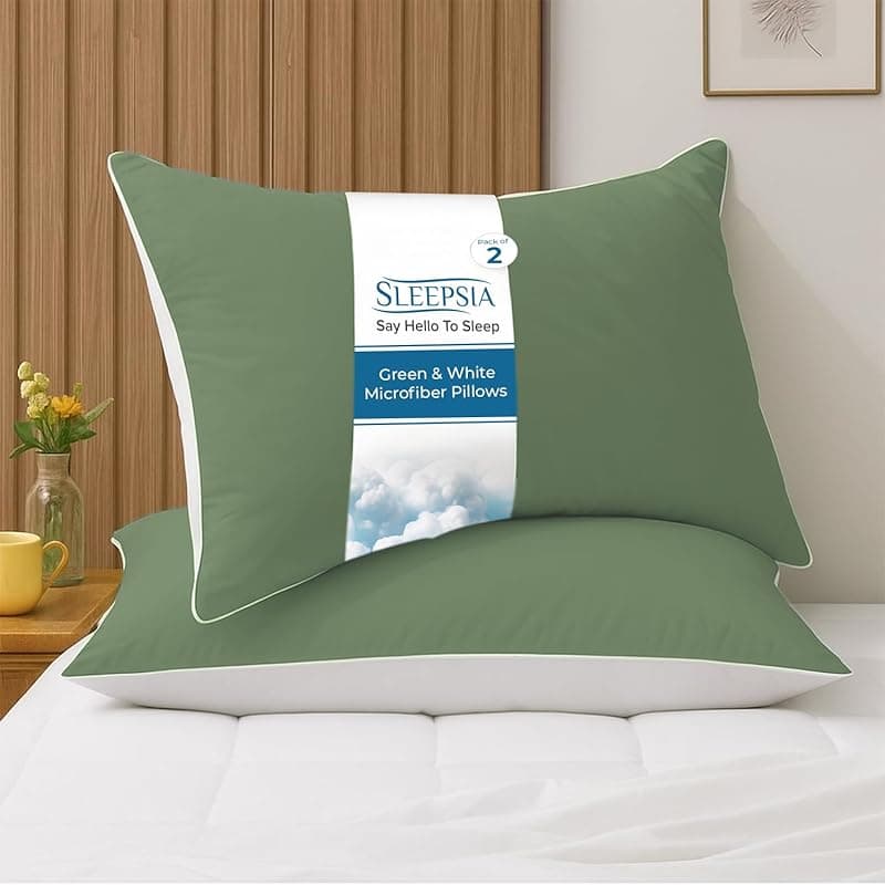 Sleepsia Microfiber Bed Pillow for Sleeping | Down Alternative Ultrasoft Cotton Washable Pillow | Soft Pillow (Pack of 2) Green/White (Green/White)