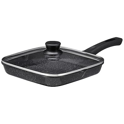 Amazon Brand - Solimo Non-Stick Grill Pan with Glass Lid | 1.8L / 24cm | Cast Aluminium Body | Induction &amp; Gas Compatible | PFOA-Free Non-Stick Coating