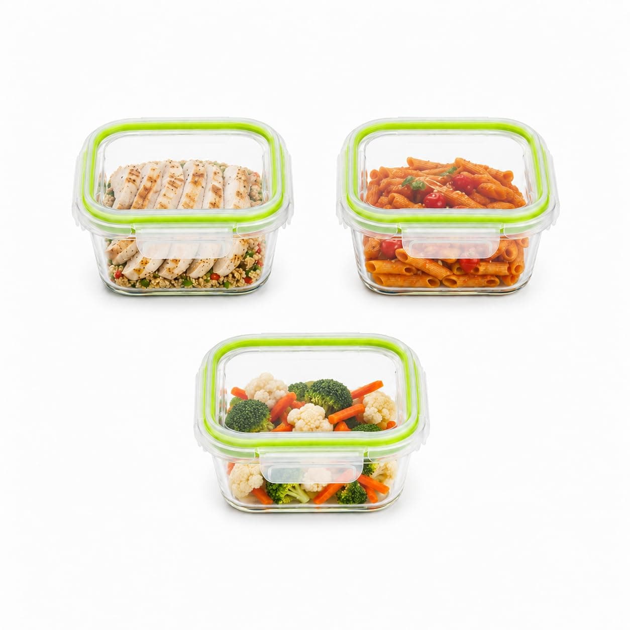 ENHANCIO Glass Food Storage Containers Set of 3 (830ml Each) Square | Airtight Leakproof Lunch Boxes with Locking Lid | Microwave Freezer Safe Meal Prep Containers for Kitchen, Office & Travel