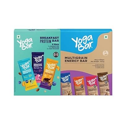 Yogabar Protein Bar Combo, 16 Bars | Multigrain Energy Bar x 10 and Breakfast Protein Bar x 6 | Protein Snack with High Fibre