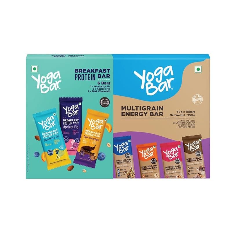 Yogabar Protein Bar Combo, 16 Bars | Multigrain Energy Bar x 10 and Breakfast Protein Bar x 6 | Protein Snack with High Fibre