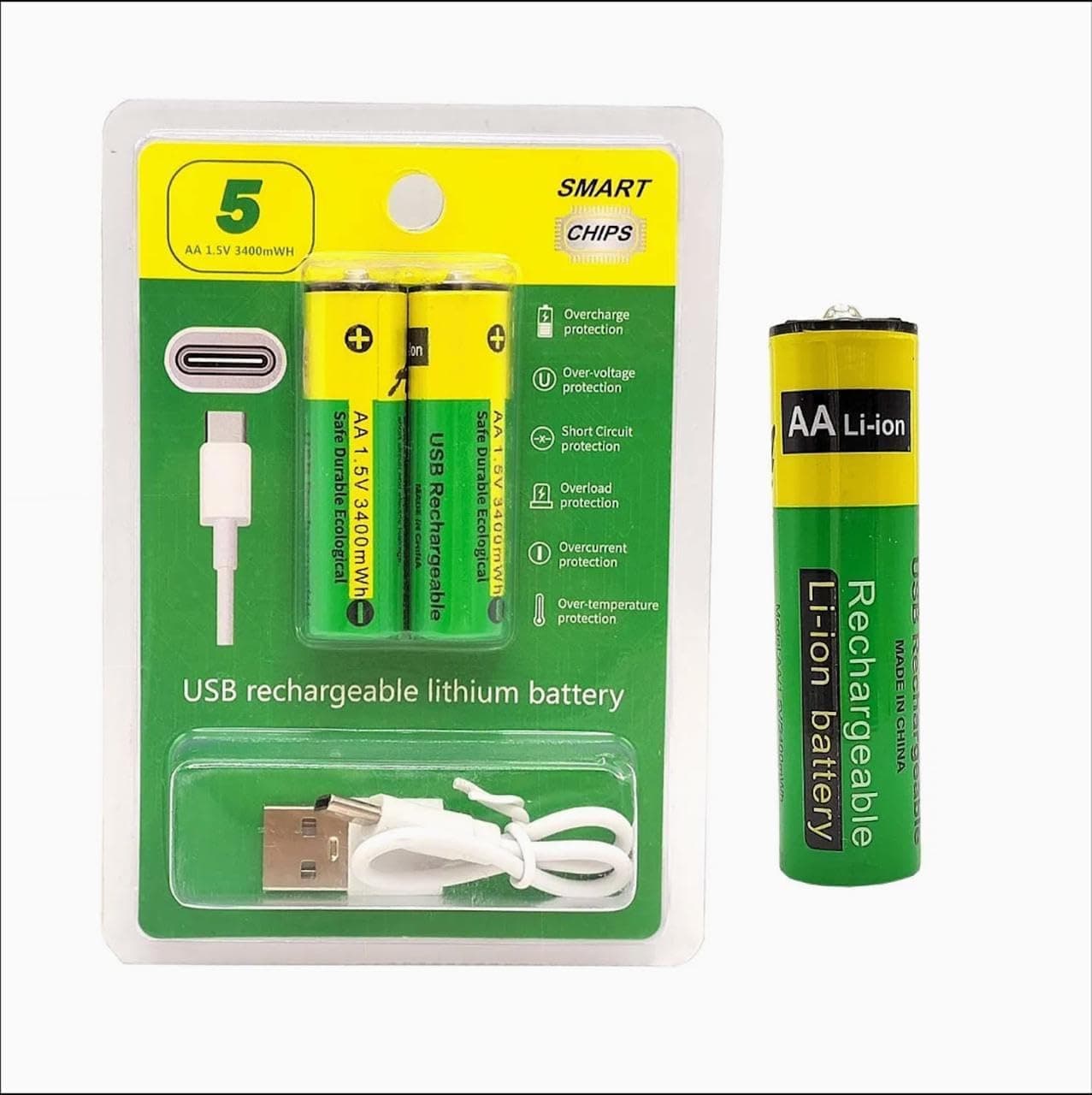 AA USB Rechargeable Lithium Battery 1.5V 3400 mWh with Type C Charging Cable - 2 Pcs Double A Rechargeable Cells with Smart Protection Chip | Long Lasting Power for Remote Toys Clock