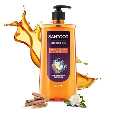 Santoor Moisturizing Shower Gel With Natural Sandalwood &amp; Gardenia Extracts| For Men &amp; Women| Moisturizing Body Wash With Glycerin | Suitable For All Skin Types| No Parabens| No Silicones| 500ml