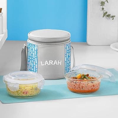 Vogue Borosilicate Glass Lunchbox with Bag | 2pc Round Container (400 ml Each), Vertical | Microwave &amp; Dishwasher Safe, Leakproof | Tiffin for Office, School, College | Blue