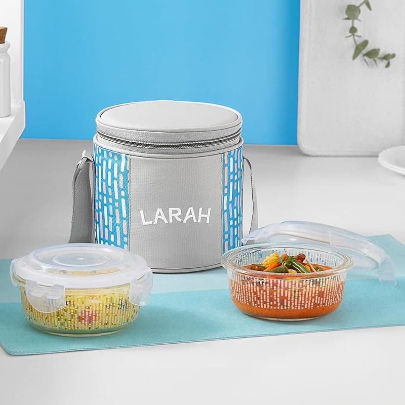 Vogue Borosilicate Glass Lunchbox with Bag | 2pc Round Container (400 ml Each), Vertical | Microwave &amp; Dishwasher Safe, Leakproof | Tiffin for Office, School, College | Blue