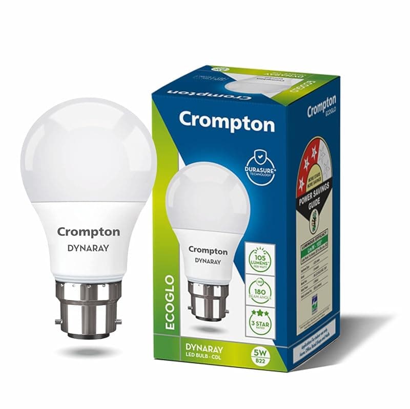 Crompton Dyna Ray LED Bulb | 5W | Cool Day Light | B22 Base | 4Kv Surge Protection | Efficiency | High lumen Pack of 1