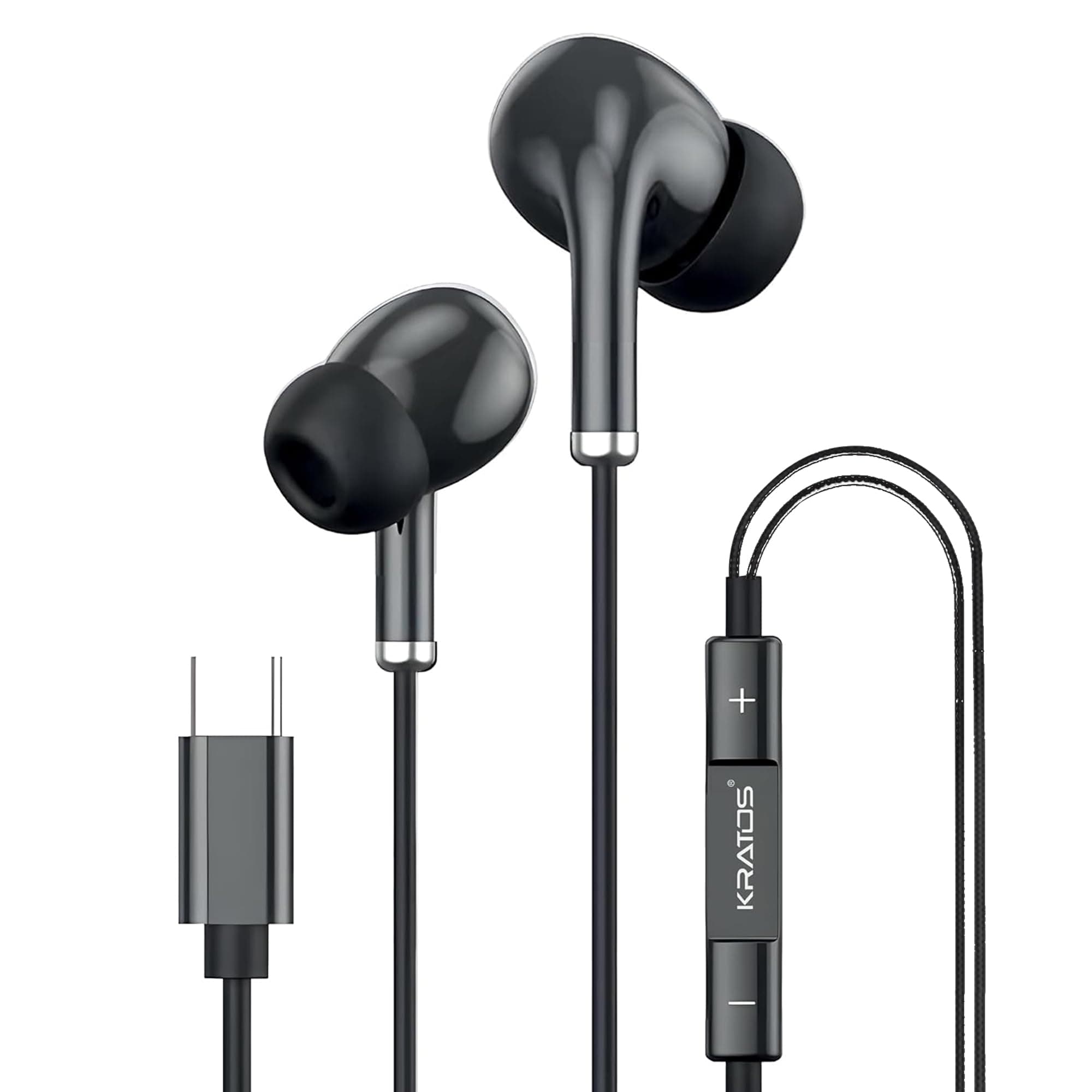 Kratos Tune V5 C Type Earphones Wired, 13mm Bass Drivers Earphone, Inline Control Type c Headphones with Mic, Sweat Resistant, Comfort Fit Type c Earphone with Volume Control,Metallic c pin Earphones