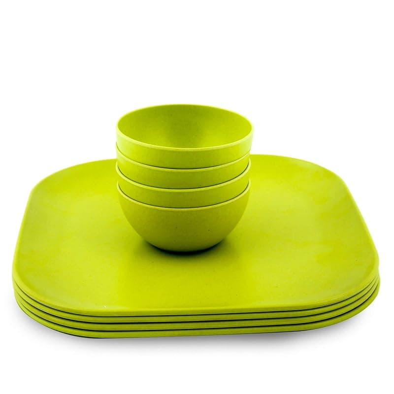 Decor EcoLite Bamboo Non Toxic Reusable Eco-Friendly Dinner Set for Couples - 4 Small Plates and 4 Bowls (Lime) - 8 Pieces