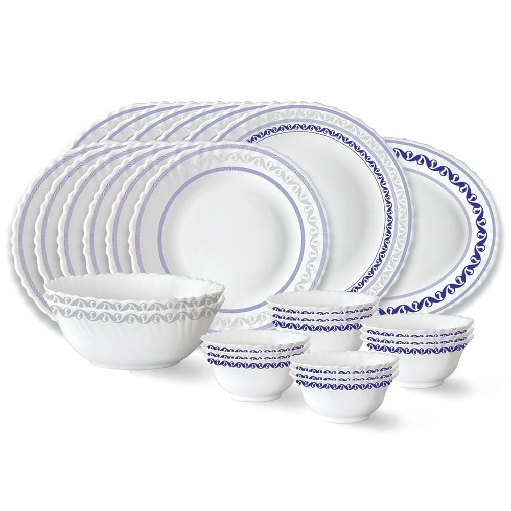 Larah by Borosil Jazzblue Fluted Series Opalware Dinner Set | 27 Pieces for Family of 6 | Microwave & Dishwasher Safe | Bone-Ash Free | Crockery Set for Dining & Gifting | Plates & Bowls | White