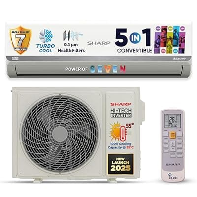 SHARP 1.5 Ton 3 Star 5-in-1 Convertible, Turbo Cool Technology, Anti-Corrosive Gold Fin Coating, Inverter Split AC, AH-SI18V3B-GC