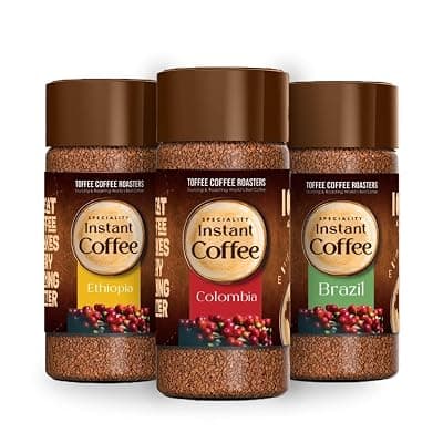 Toffee Coffee Roasters Instant Coffee 50 gm Each - Pack of 3, Assosrted Brazil &amp; Colombia &amp; Ethiopia Instant Coffee | As Seen On Shark Tank | 100% Arabica Coffee Powder | Ready in Seconds | Microground Technology