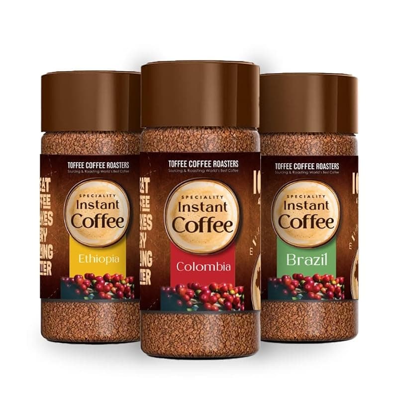 Toffee Coffee Roasters Instant Coffee 50 gm Each - Pack of 3, Assosrted Brazil &amp; Colombia &amp; Ethiopia Instant Coffee | As Seen On Shark Tank | 100% Arabica Coffee Powder | Ready in Seconds | Microground Technology