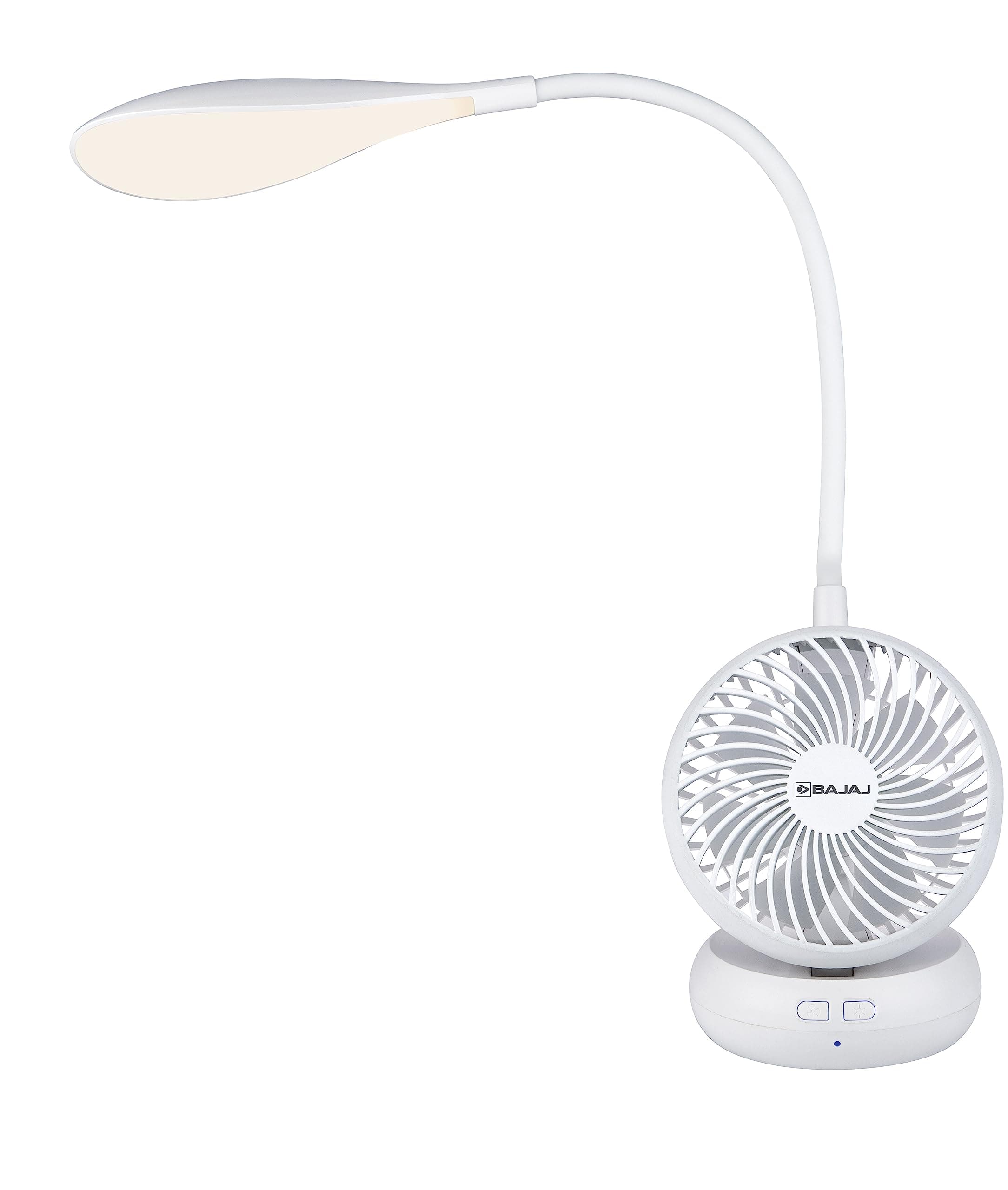 Bajaj Airlight 85 MM Personal Rechargeable Fan With Task Lighting | 8 W Table Fan | 360-Degree Table Lamp | 3-6 Hours Battery Backup | Silent Operation | USB Charging Fan | 1-Year Warranty 【White】