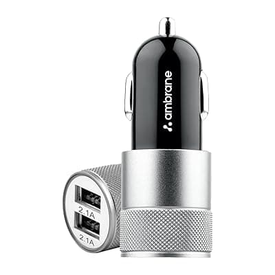 Ambrane 12W Fast Car Charger, Dual USB Output, Multi-Layer Protection, Fast Charging, Compatible with All Cars, Without Cable for All Mobiles &amp; Other USB Enabled Devices (ACC74, Black &amp; Silver)