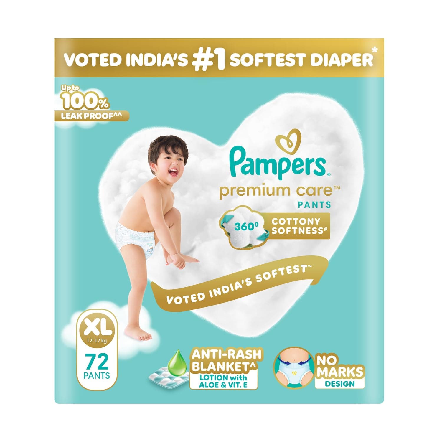 Pampers Premium Care Pant Style Baby Diapers XL 72 Count | No Marks Design | Voted India’s #1 Softest Diaper | All in 1 diaper with 360 Cottony Softness