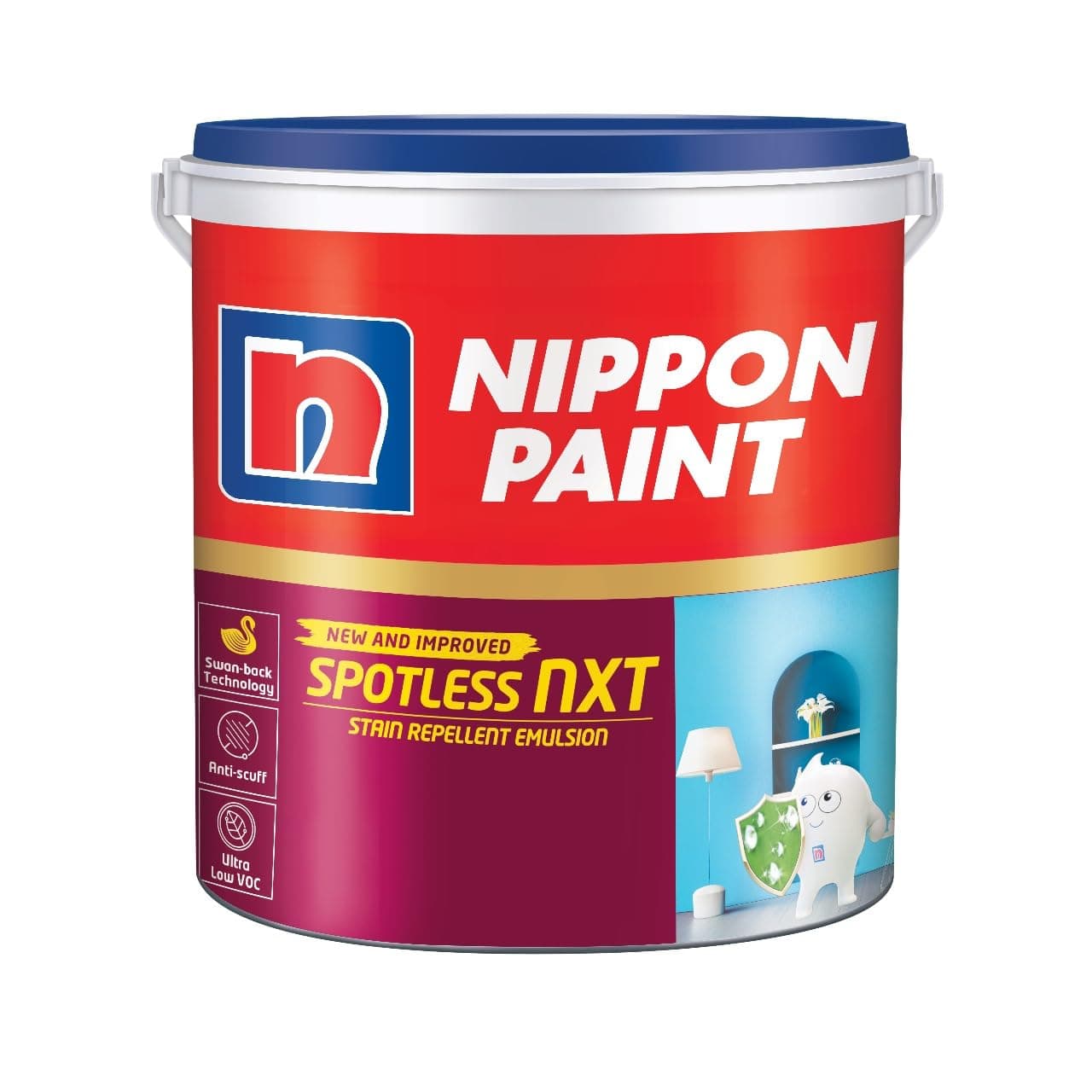 Nippon Paint Spotless NXT Premium Interior Emulsion Paint(20L, White, Soft Sheen)-Ultra Low VOC, Swan-back Stain Repellent Technology Safe for Kids-For Bedrooms, Kids, Dining, Living Rooms-20 Liter