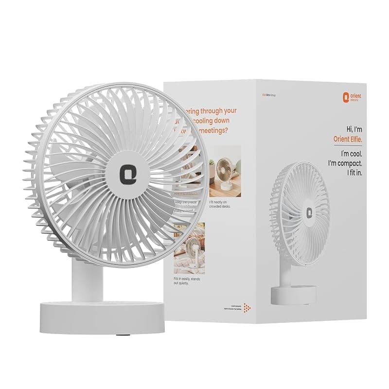 Orient Electric Elfie Rechargeable Personal Fan | 90° Adjustable Airflow | 1800 mAh Battery | 4 Speed Modes | Quiet Operation | USB Type-C Charging | Compact Mini Fan (White)