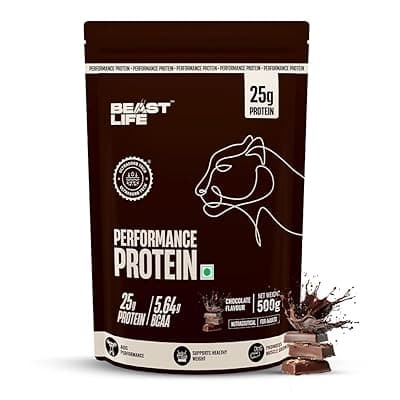 Beast Life Performance Protein Powder | 1 Kg | Chocolate | High Absorption for Muscle Growth |Smooth &amp; Light, Easy to Digest with Ultrasorb Tech|NABL Lab Certified | 25g Protein, 5.64g BCAA | Best For Gut | Beta Glucan | Improves Immune Function