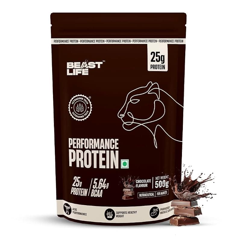 Beast Life Performance Protein Powder | 1 Kg | Chocolate | High Absorption for Muscle Growth |Smooth &amp; Light, Easy to Digest with Ultrasorb Tech|NABL Lab Certified | 25g Protein, 5.64g BCAA | Best For Gut | Beta Glucan | Improves Immune Function