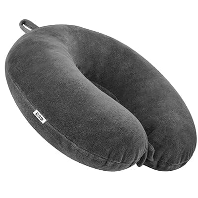 Travel Neck Pillow for Men & Women | Soft Fibre Cushion for Flight, Car & Train | Soft Velvet Fabric with Attachable Snap Strap | Cervical Support for Neck Pain Relief. Pack of 1 (Black MLG)