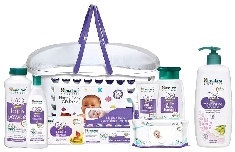 Himalaya Baby Gift Pack Basket,Pack of 1 Set,White & Himalaya Extra Moisturizing Baby Wash, 400 ml