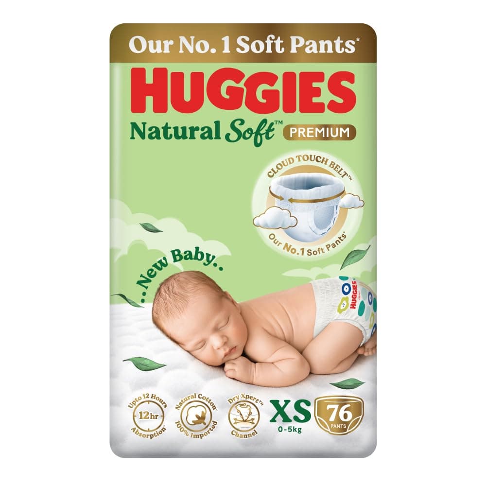 Huggies Natural Soft Premium Baby Diaper Pants, Our No.1 Soft Pants, New Born/Extra Small (XS) Size (0-5 Kgs), Pack of 76 | Cloud Softness All over with India's 1st Cloud Touch BeltTM