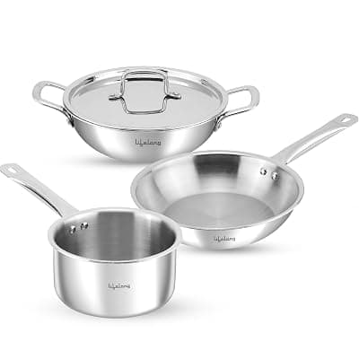 Lifelong Triply Kadai, Frypan &amp; Saucepan for Cooking | Stainless Steel 24 cm Kadai &amp; Fry Pan 22 cm with Lid | 16 cm Sauce Pan | Induction Bottom &amp; Gas Stove Cookware (Silver, LLTPKFPSP01)