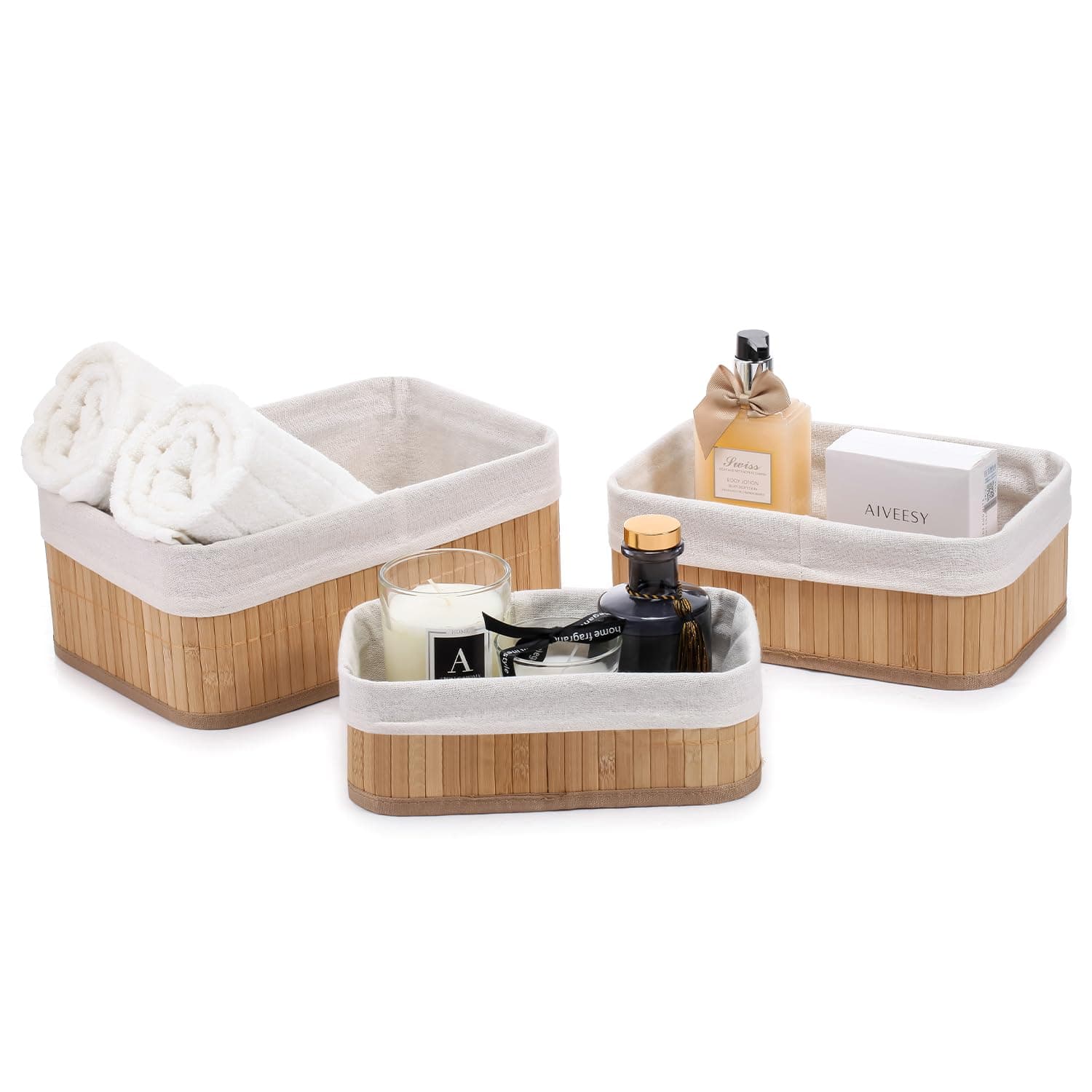 Lifelong Multi-Purpose Organizer | Bamboo Storage Baskets for Bathroom, Makeup, Kitchen & Countertop | Elegant Water-Resistant Tray for Toiletries & Accessories (Set of 3)