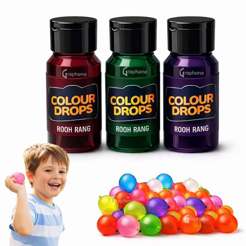 GRAPHENE Holi Color Non Toxic Liquid Colour Drops, Rooh Rang, Pack of 3, 25 ml Each, with 100 Water Balloons For Kids Eco-Friendly Non Toxic Quick Fill Easy Tie Gulal Water for Boys Girls