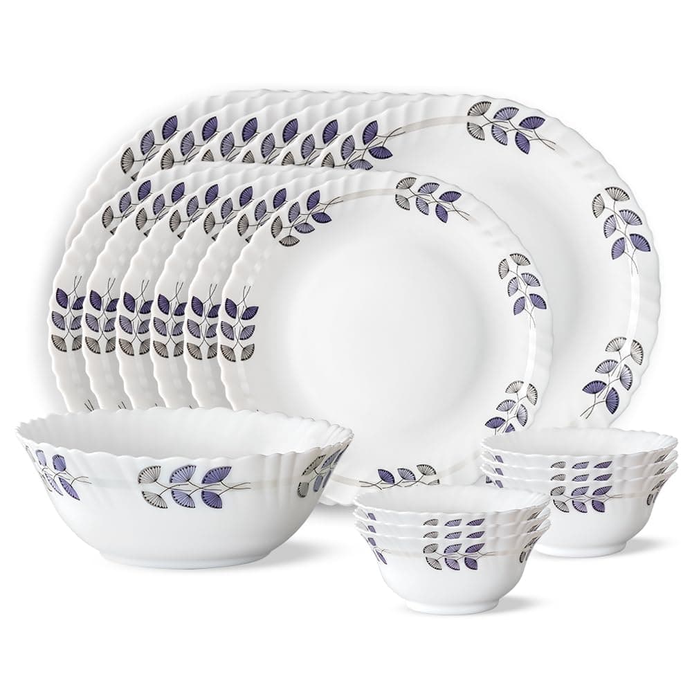Borosil Larah Floret Opalware Floral Dinner Set, 19-Pieces, White