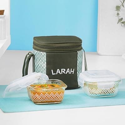 Gracia Borosilicate Glass Lunchbox with Bag | Set of 2pc Container (320 ml Each), Vertical | Microwave &amp; Dishwasher Safe, Leakproof | Tiffin for Office, School, College | Green