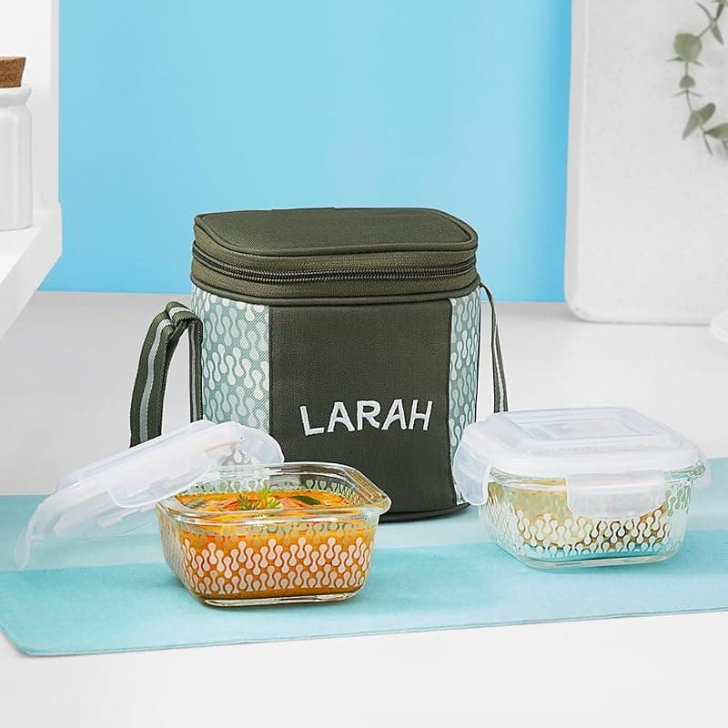 Gracia Borosilicate Glass Lunchbox with Bag | Set of 2pc Container (320 ml Each), Vertical | Microwave &amp; Dishwasher Safe, Leakproof | Tiffin for Office, School, College | Green