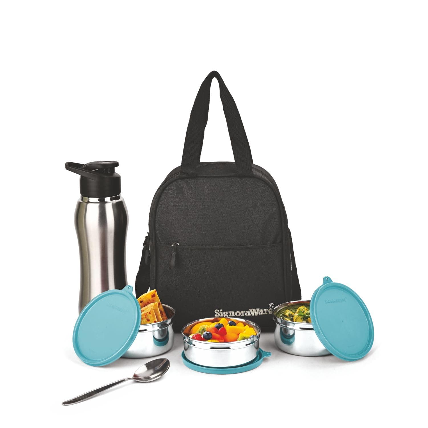 SignoraWare Fusion Stainless Steel Big Lunch Box with Sipper | Airtight & Leakproof | Easy to Carry | Ideal for Office, School & Travel (650mlx2 + 500ml + 750ml | Set of 4 | EBlue)