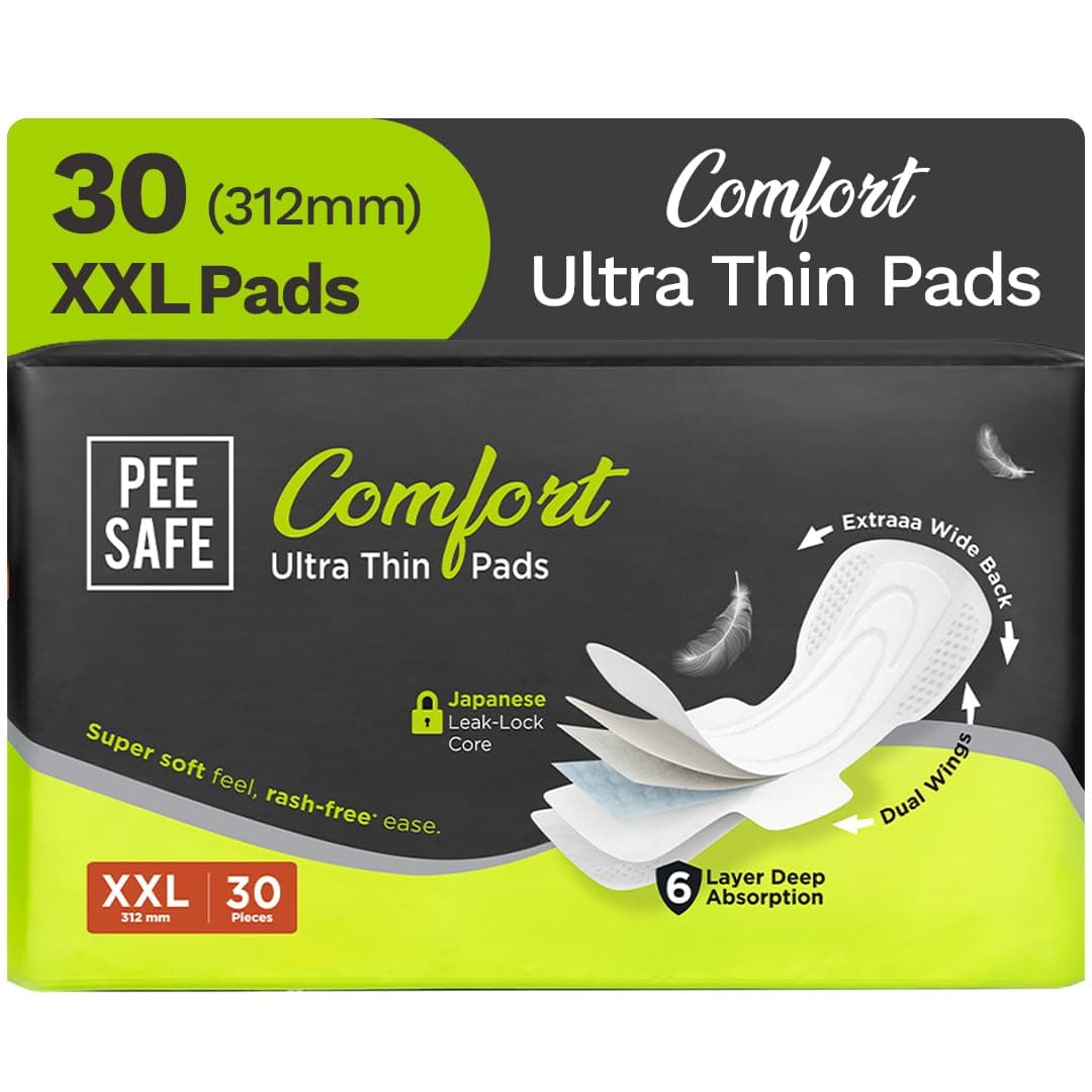 Pee Safe Comfort Ultra Thin Sanitary Pads For Women | XXL | 30 Pads For Rash Free Periods | Cottony Soft Sanitary Napkins For Ultra Comfort | Dual Wings | Toxin Free | Extra Long | Unscented