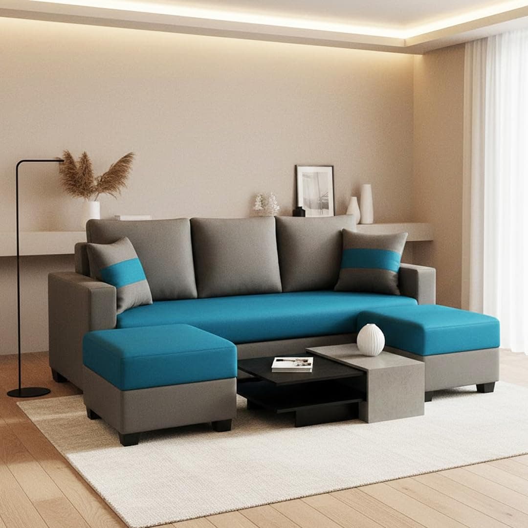FURNY Iira Sofa Set 3 Seater Velvet Fabric (Aqua Blue - Dark Grey) with 2 Ottoman | Modular Design | Living Room Furniture | Modern Stylish Sofa for Home