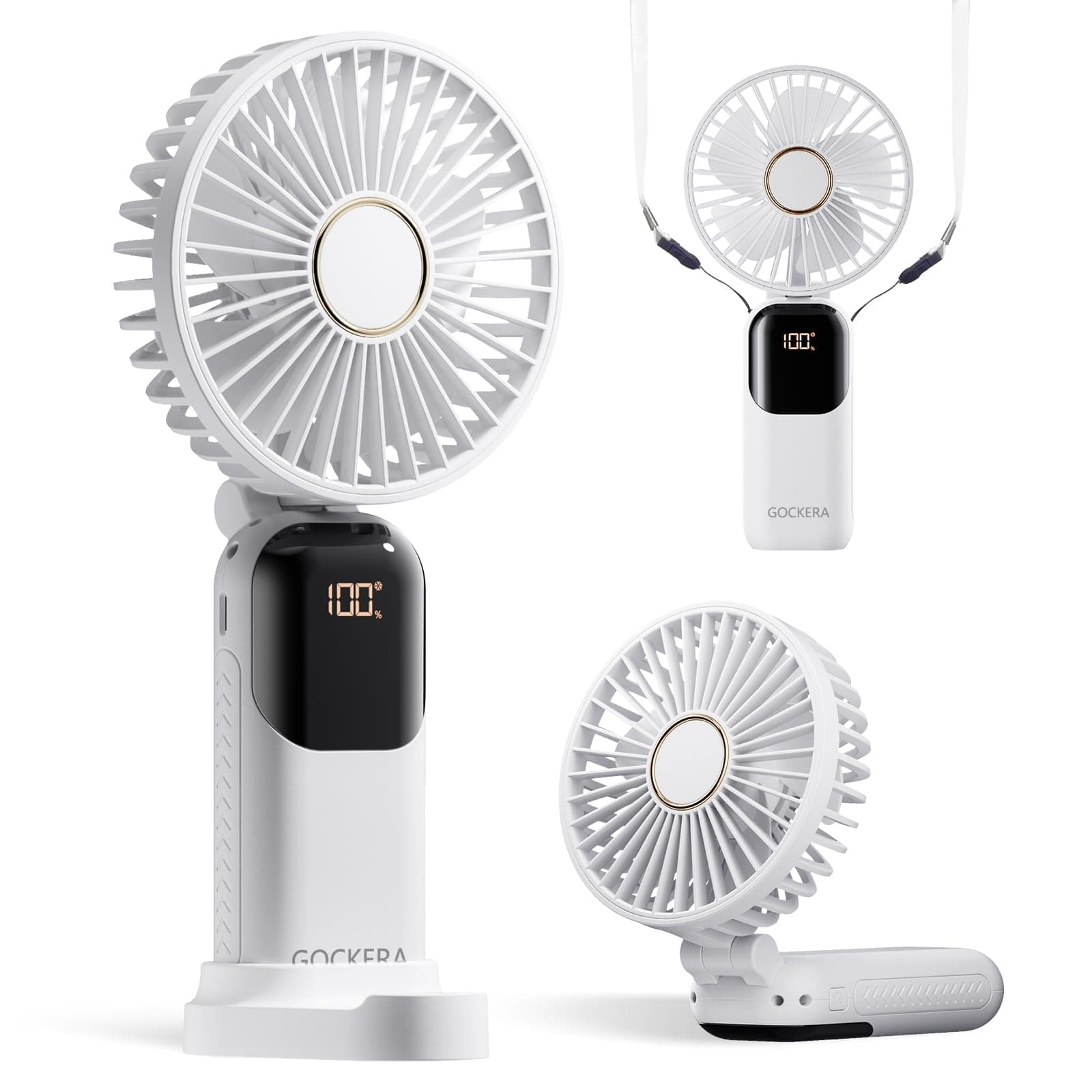 GOCKERA Portable Fan, 4200mAh Battery Operated Fan, 5 Speeds&Digital Display, Makeup Fans for Women with Base, 180°Foldable 3in1 Handheld/Neck/Desk Fan for Outdoor Indoor,Ultra Quiet (White)