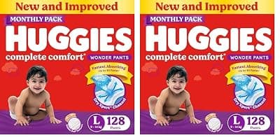 Huggies Complete Comfort Wonder Pants | Pant Style Baby Diapers L Size, 128 Count | India's Fastest Absorbing Diaper, Patented Dry Xpert Channel, Ideal for 9 to 14 Kgs (Pack of 2)