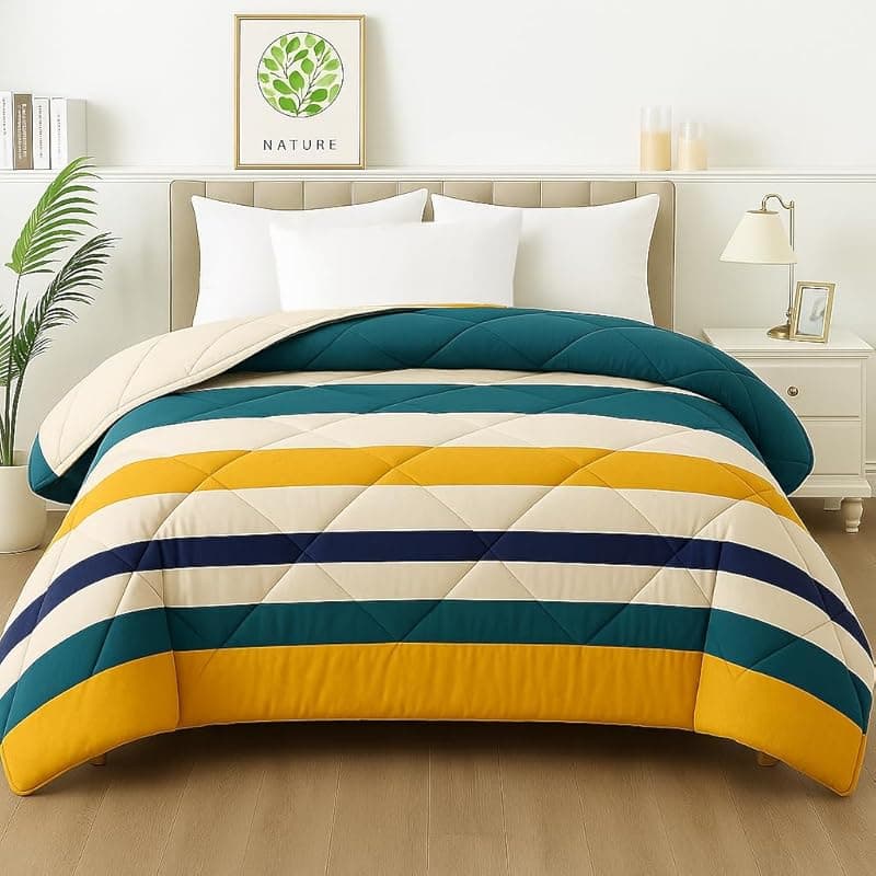 BSB HOME 2nd Gen 220 GSM Microfiber Reversible AC Comforter/Blanket for Winter/Quilt/Duvets for King Size Double Bed (220 X 230 cm, Striped Printed- Mustard Yellow and Green)