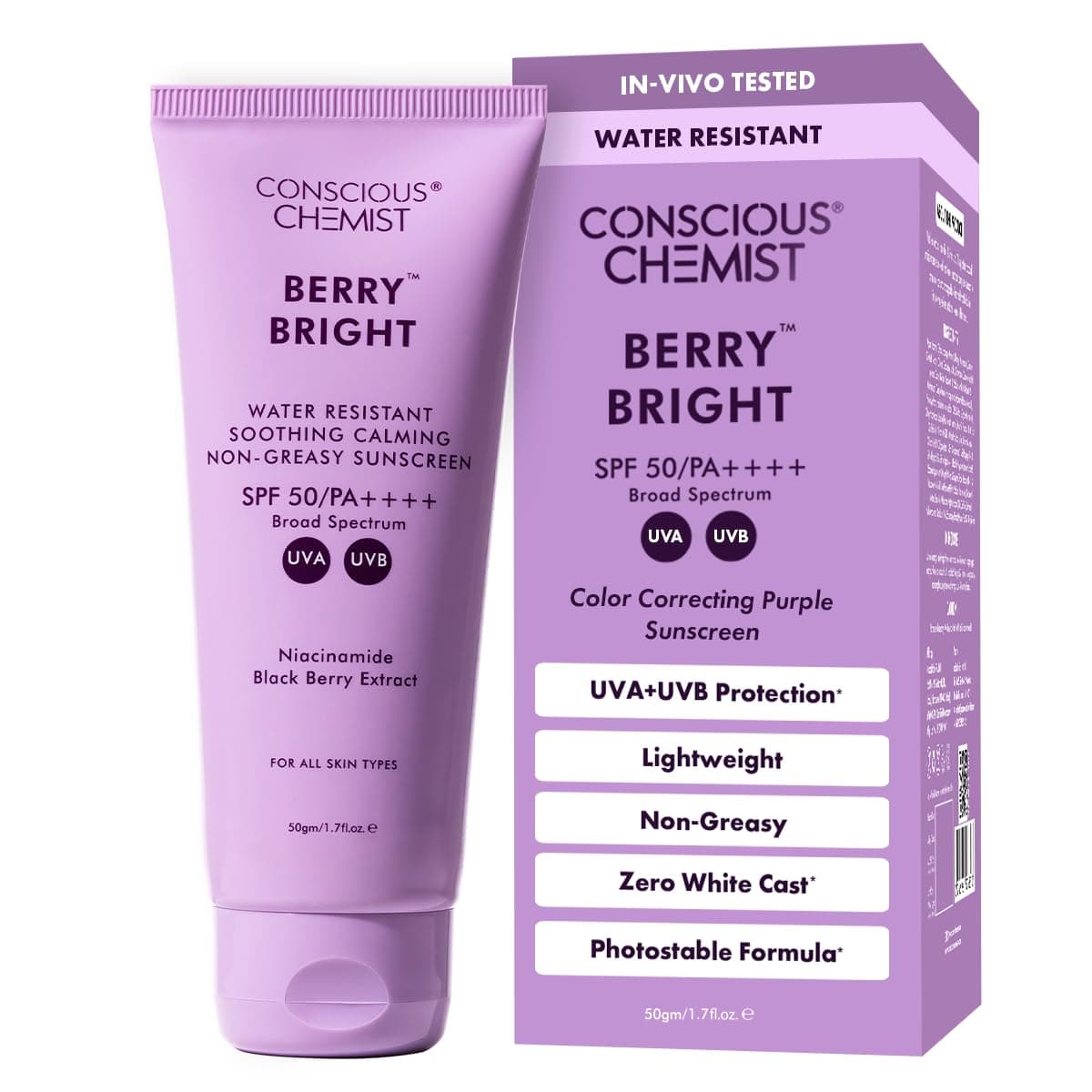 Conscious Chemist® Sunscreen SPF 50 PA++++ In-Vivo Tested | 50g | Sunscreen for Oily Skin, Gel Sunscreen, Niacinamide with Black Berry Extract, Hybrid Lightweight, All Skin Types - Berry Bright