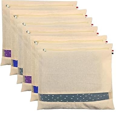 ZARJEW Premium Cotton Saree Storage Bags, Big Size (16 x 14 Inches) Wardrobe Organizer with Zip Closure, Transparent Mesh Window, Washable Cloth Cover for Sarees, Clothes & Travel, Beige (Pack of 6)