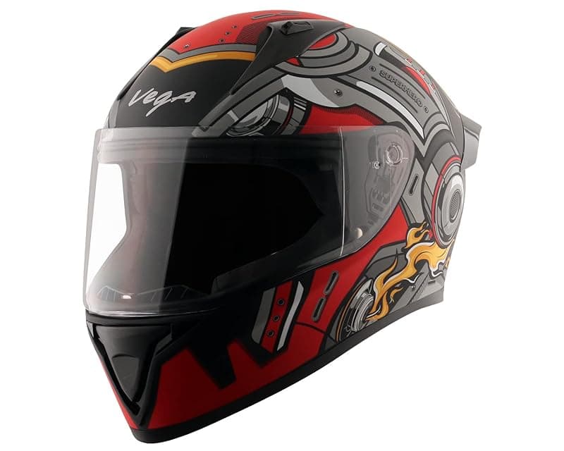 Vega Bolt Superhero ISI Certified Full Face Motorcycle Helmet with Impact Resistant ABS Shell High Density EPS Liner Scratch Resistant Visor Quick Release Buckle Comfortable Inner Padding Dull Black Red Helmet-M