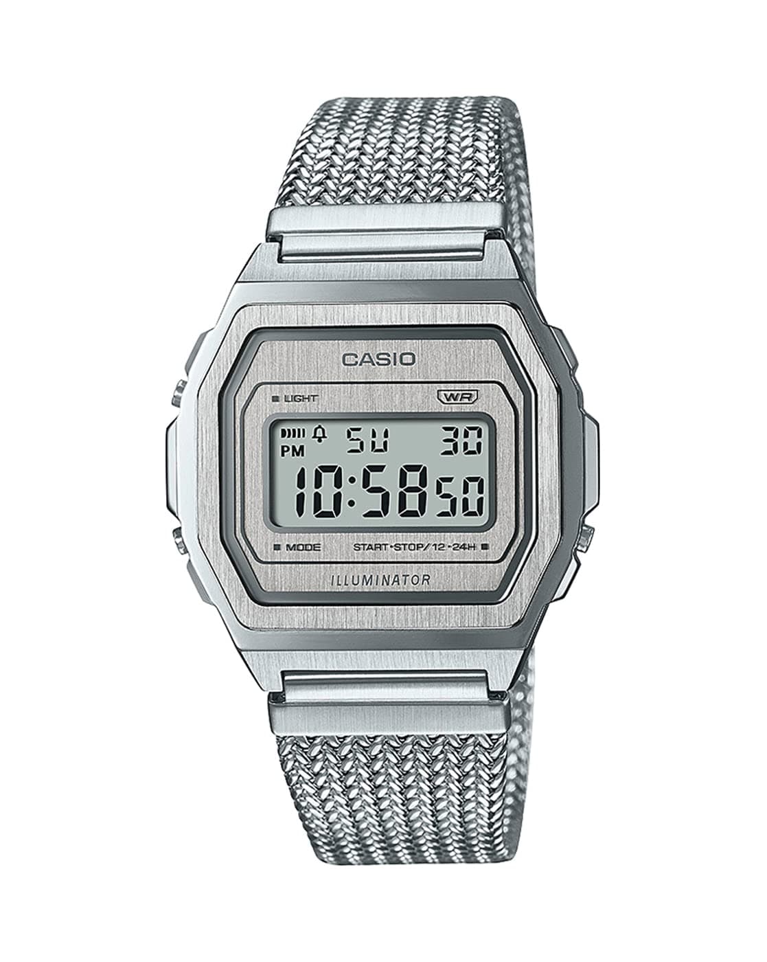 Casio Unisex Vintage A1000MA-7DF Silver Digital Dial Silver Stainless Steel Mesh Band D278