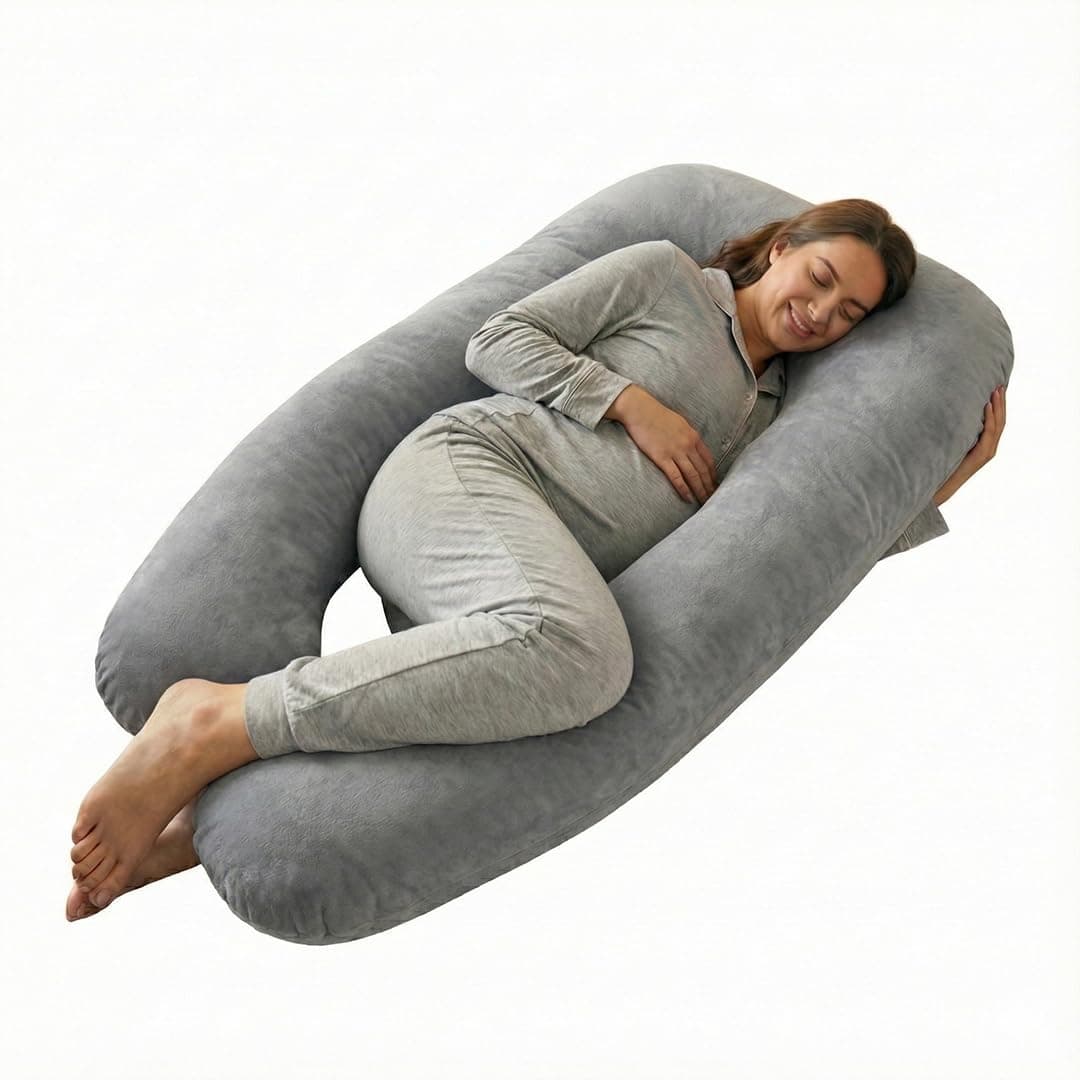 Amazon Basics Full Body Pregnancy Pillow for Maternity,Baby Nursing,Full Body Support-|Perfect Baby Shower Gift|U-Shaped-Washable Cover with Zip - Grey, Velvet