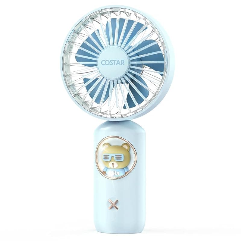 CostarMatter 2026 New Mini Portable Fan Powerful Brushless Motor Handheld Fan with Creative Light, 3-Speeds, Lightweight, USB Rechargeable Fan for Child Use in Indoor and Outdoor, Blue