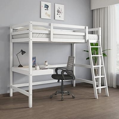 @home By Nilkamal Genius Solid Wood Bunk Bed with Study Table &amp; Side Ladder for Kids (White) | 1 Year Warranty