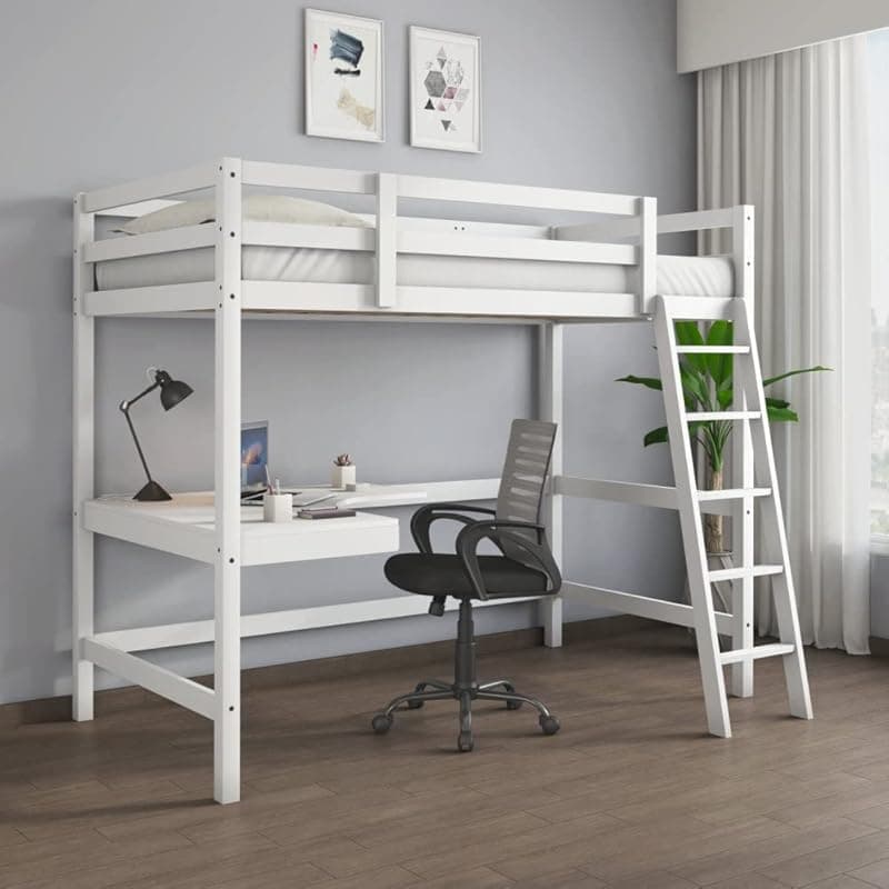 @home By Nilkamal Genius Solid Wood Bunk Bed with Study Table &amp; Side Ladder for Kids (White) | 1 Year Warranty