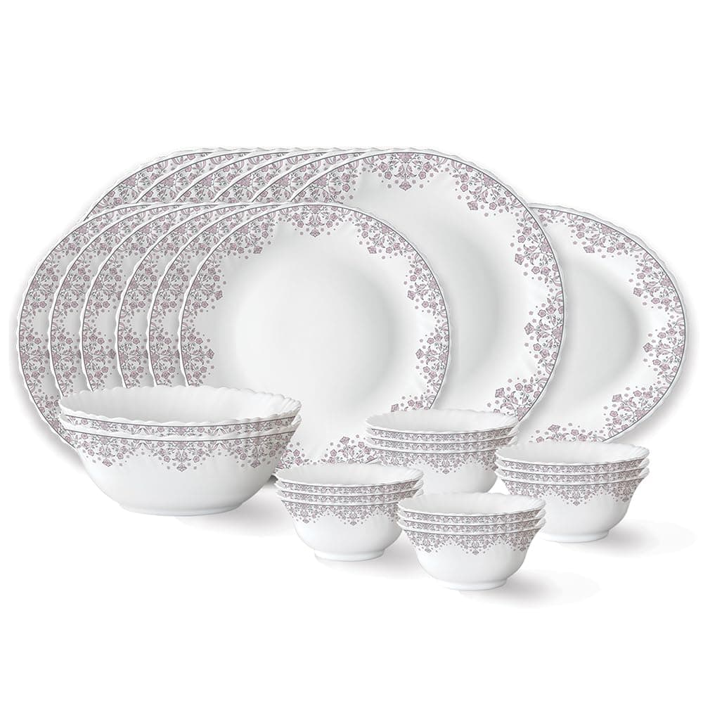 Larah by Borosil Lark Fluted Series Opalware Dinner Set | 27 Pieces for Family of 6 | Microwave & Dishwasher Safe | Bone-Ash Free | Crockery Set for Dining & Gifting | Plates & Bowls | White